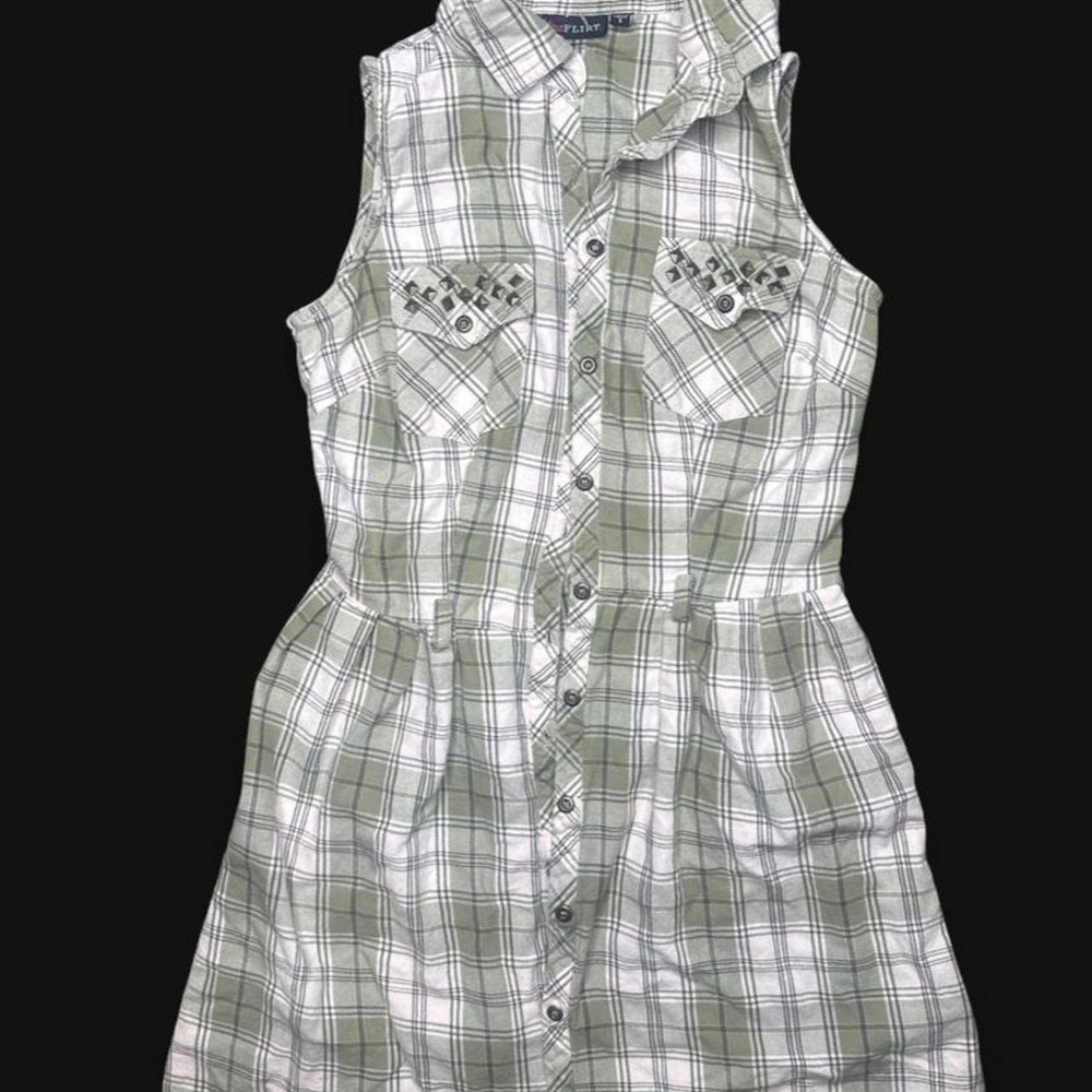 Ultra flirt green plaid sleeveless shirt dress